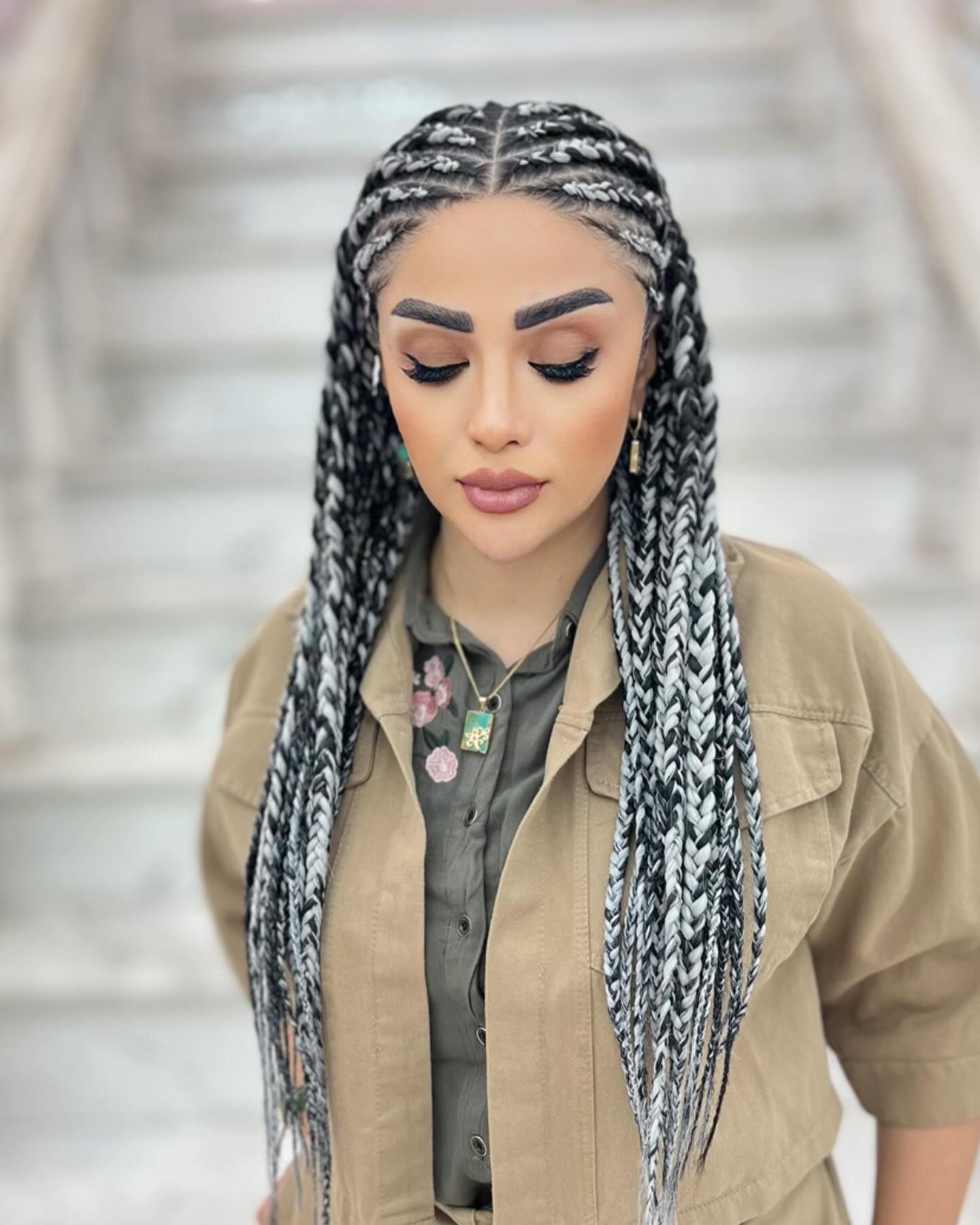 Monochrome Box Braids With Silver Streaks