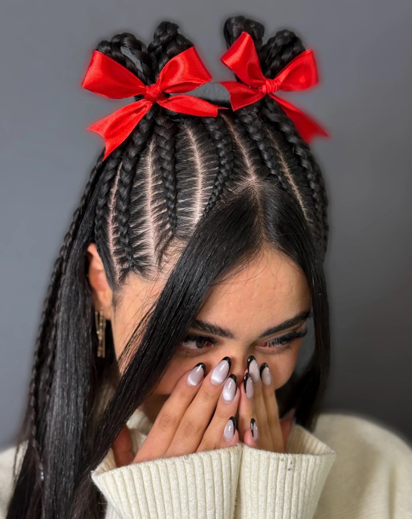 Double Braided Pigtails With Red Bows