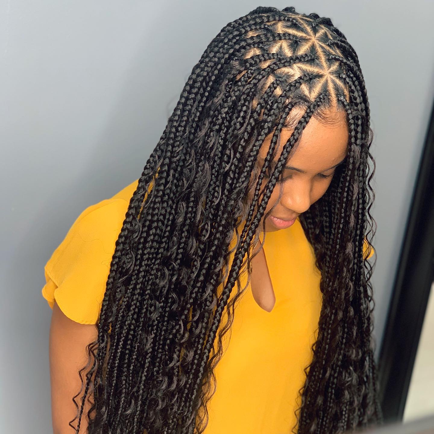 Geometric Part Box Braids With Curly Ends