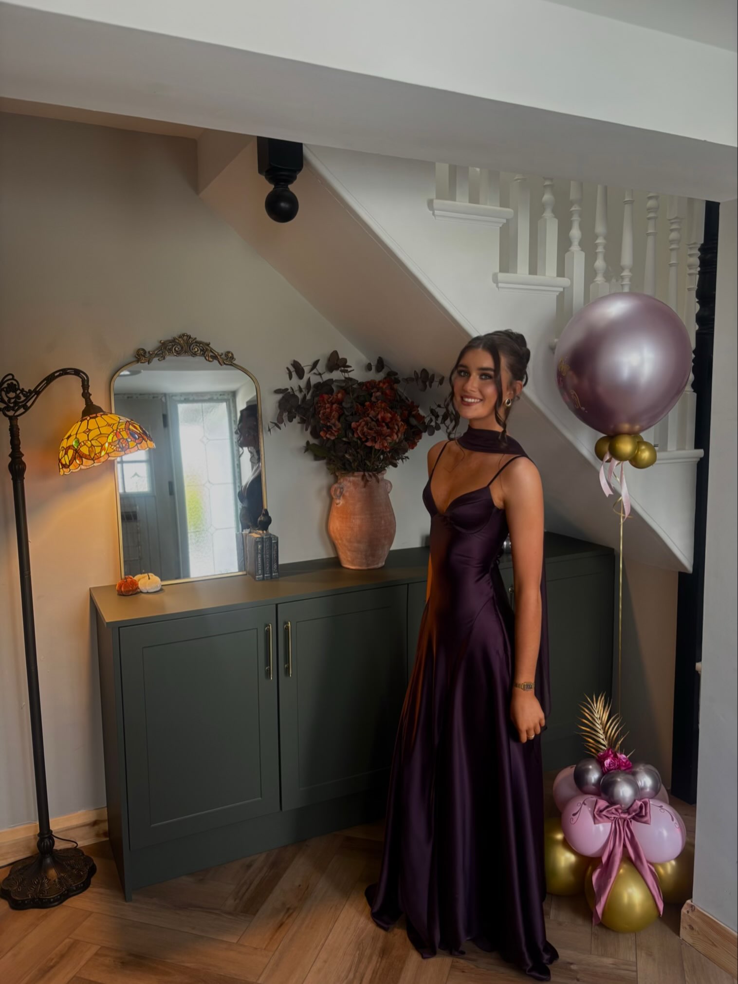 Deep Plum Satin Evening Gown With Scarf Detail