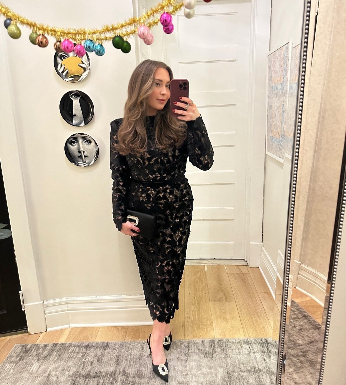 Black Lace Long Sleeve Midi Dress With Jewel Buckle Heels