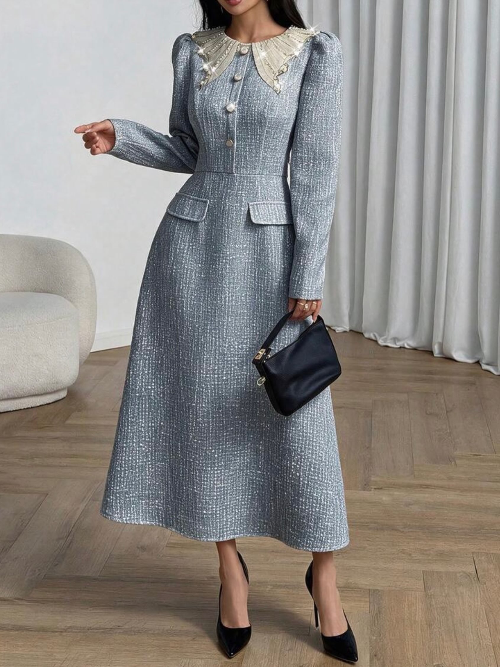 Sparkling Blue Tweed Dress With Statement Collar