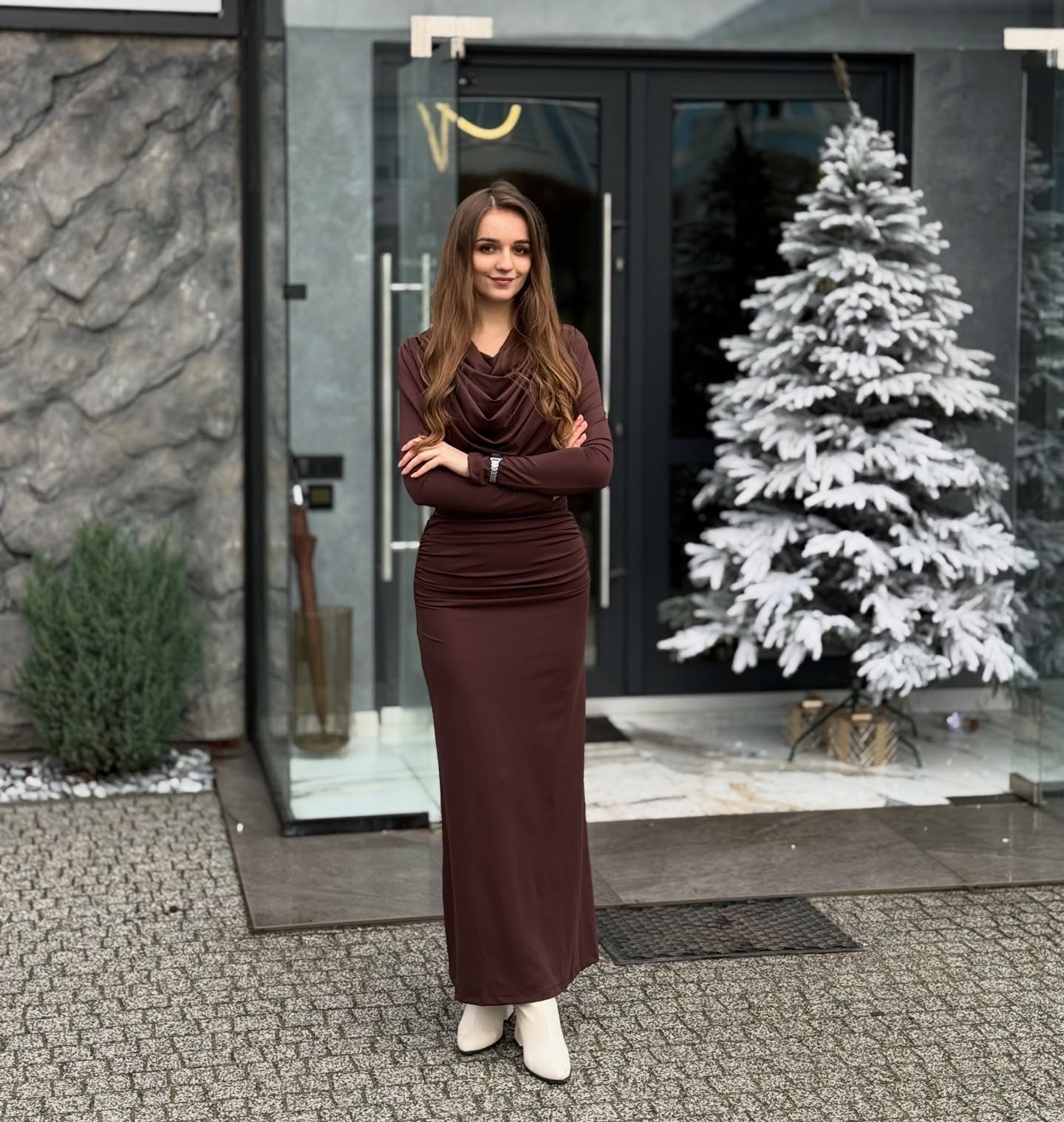 Elegant Brown Cowl Neck Maxi Dress With White Boots