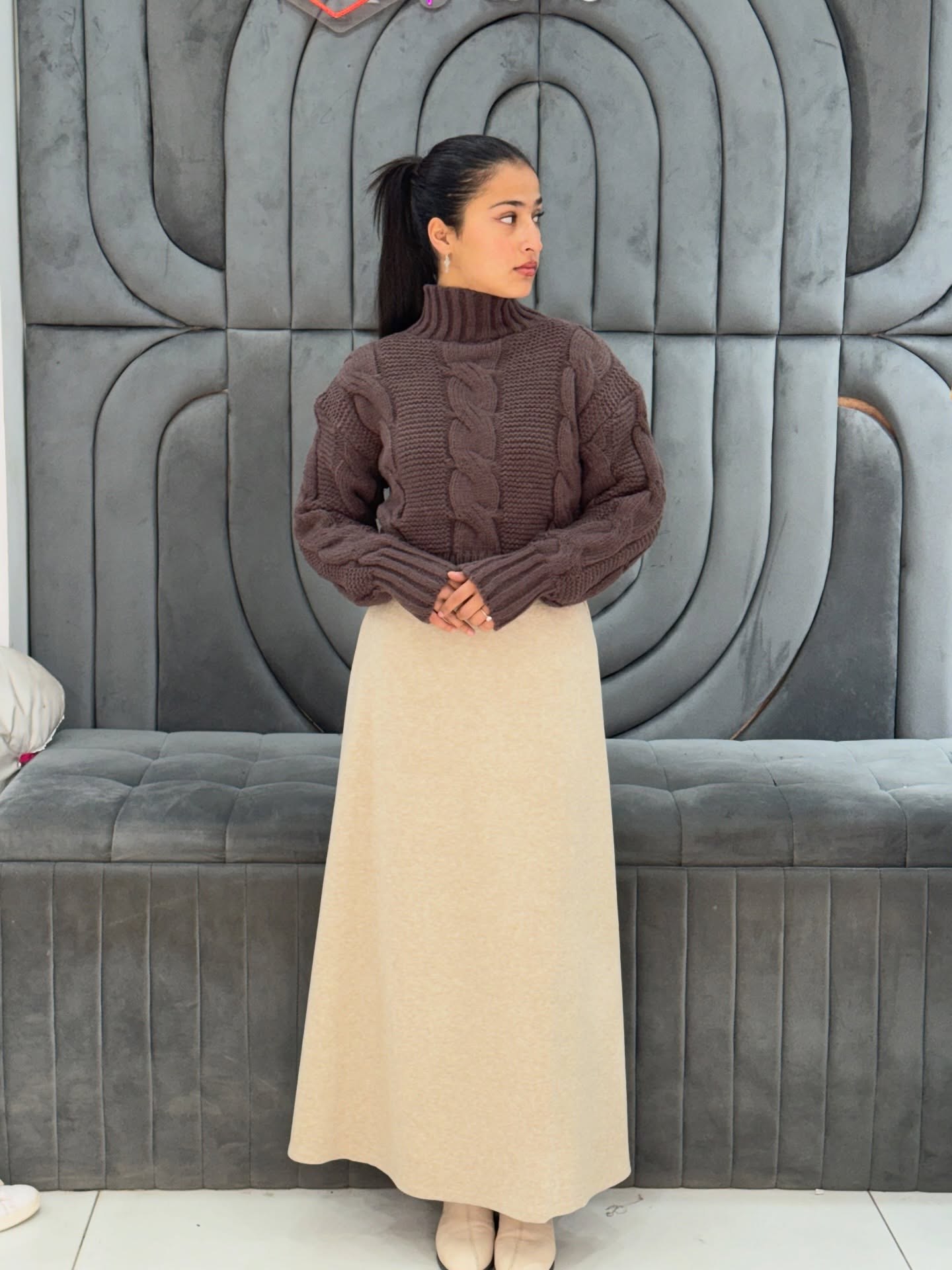 Cozy Cable Knit Sweater With Flowy Maxi Skirt