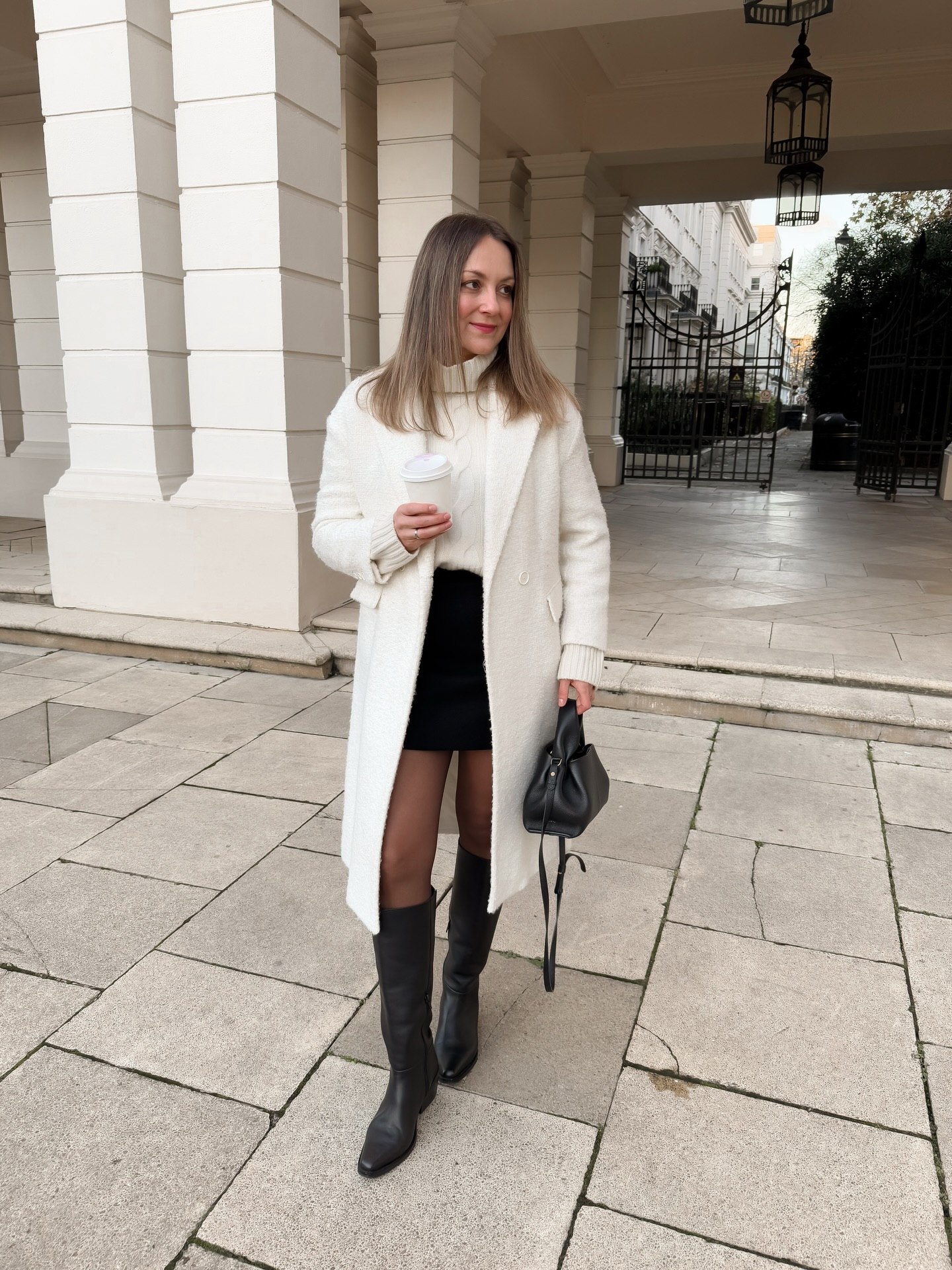 Chic Monochrome Knit Skirt Outfit With Cream Coat