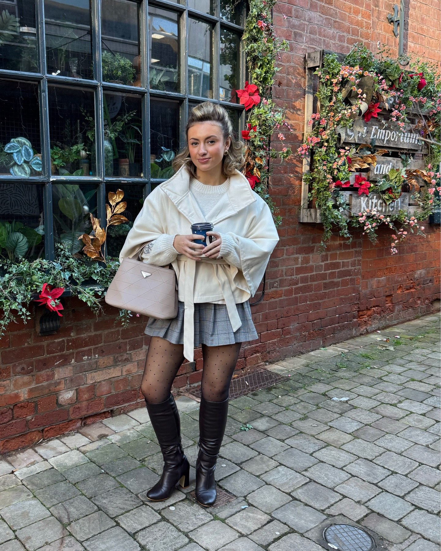 Cream Jacket With Plaid Skirt And Knee-High Boots