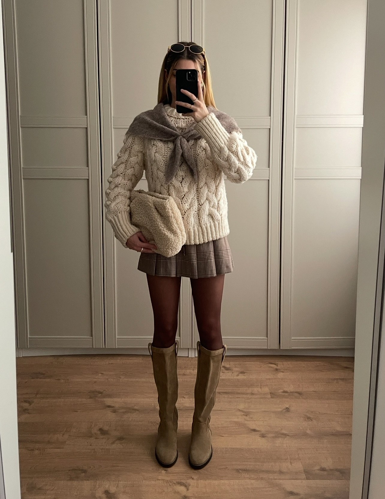 Chunky Knit Sweater With Plaid Mini Skirt Look