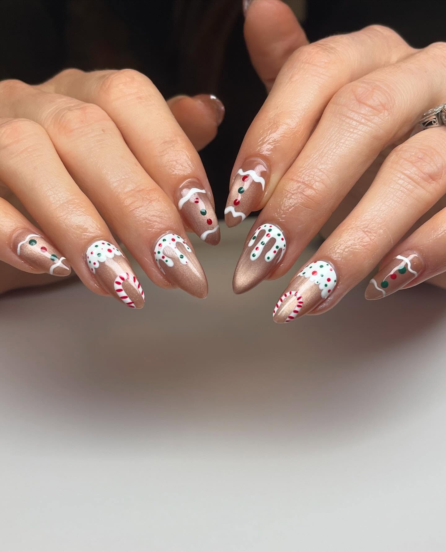 Whimsical Gingerbread House Almond Nails
