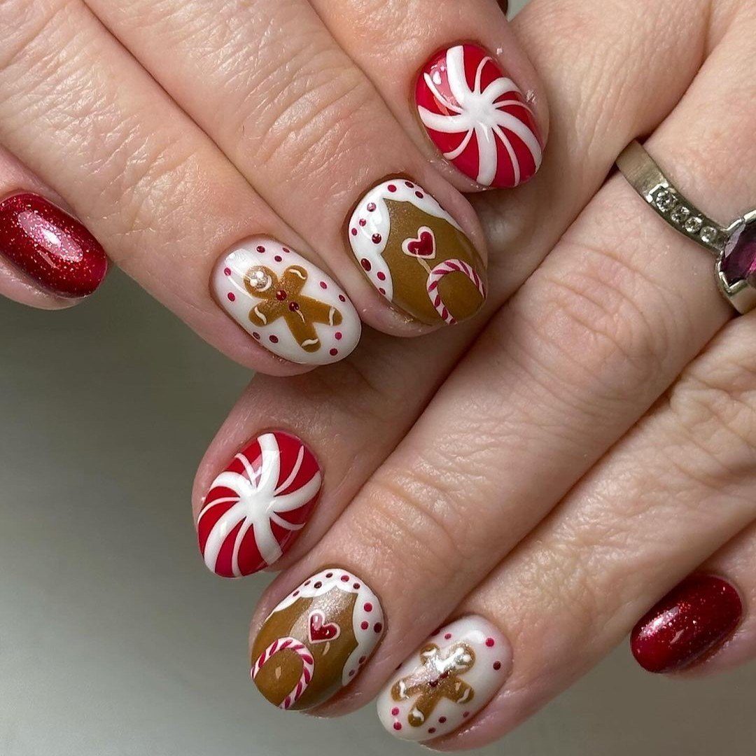 Gingerbread Man Candy Cane Holiday Nails