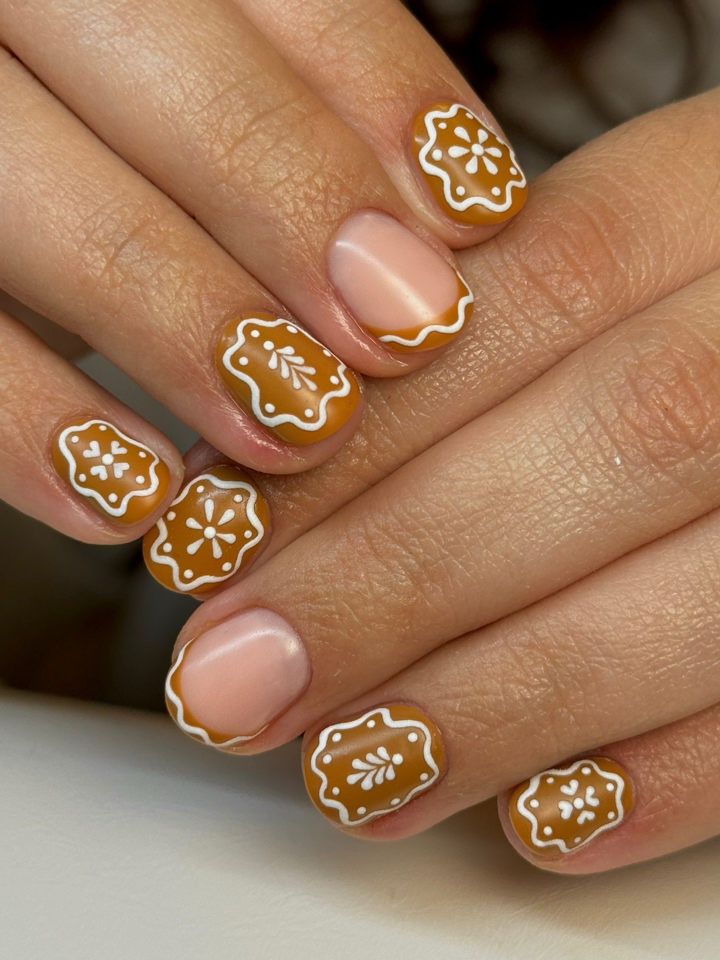 Gingerbread French Tip Almond Nails