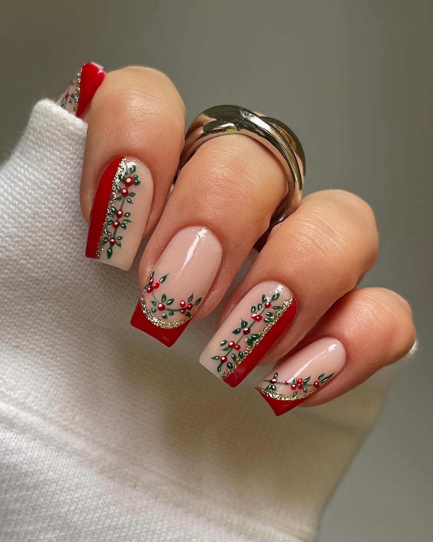 Elegant Christmas Holly French Tip Nails
