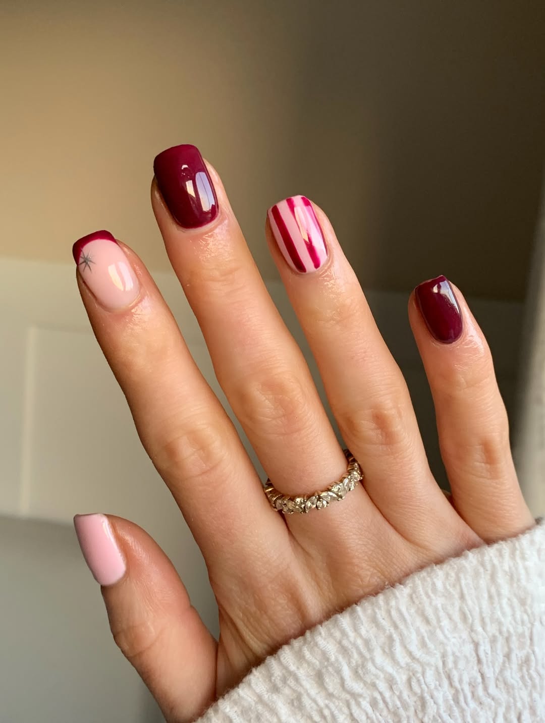 Pink and Burgundy Christmas Candy Cane French Tips