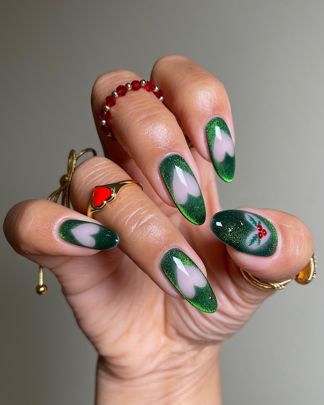 Festive Green Heart Christmas French Tips