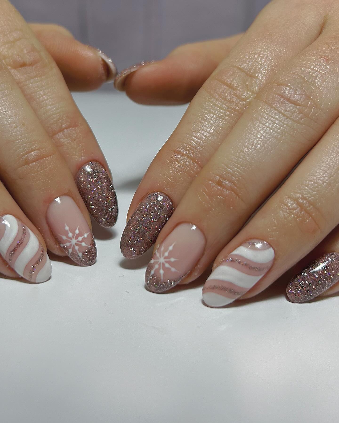 Sparkly Snowflake and Candy Cane Christmas Nails