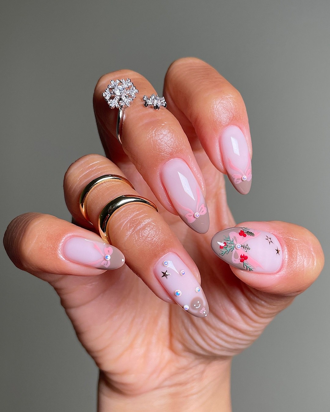 Christmassy French Tips with Bows and Embellishments