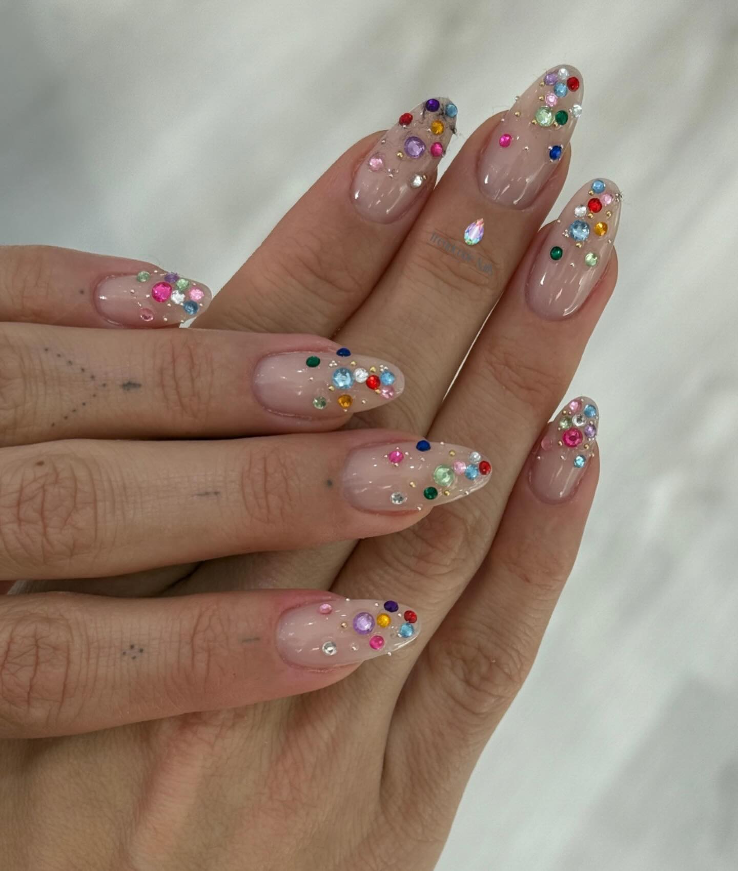 Multicolor Crystal Embellished Almond Nails