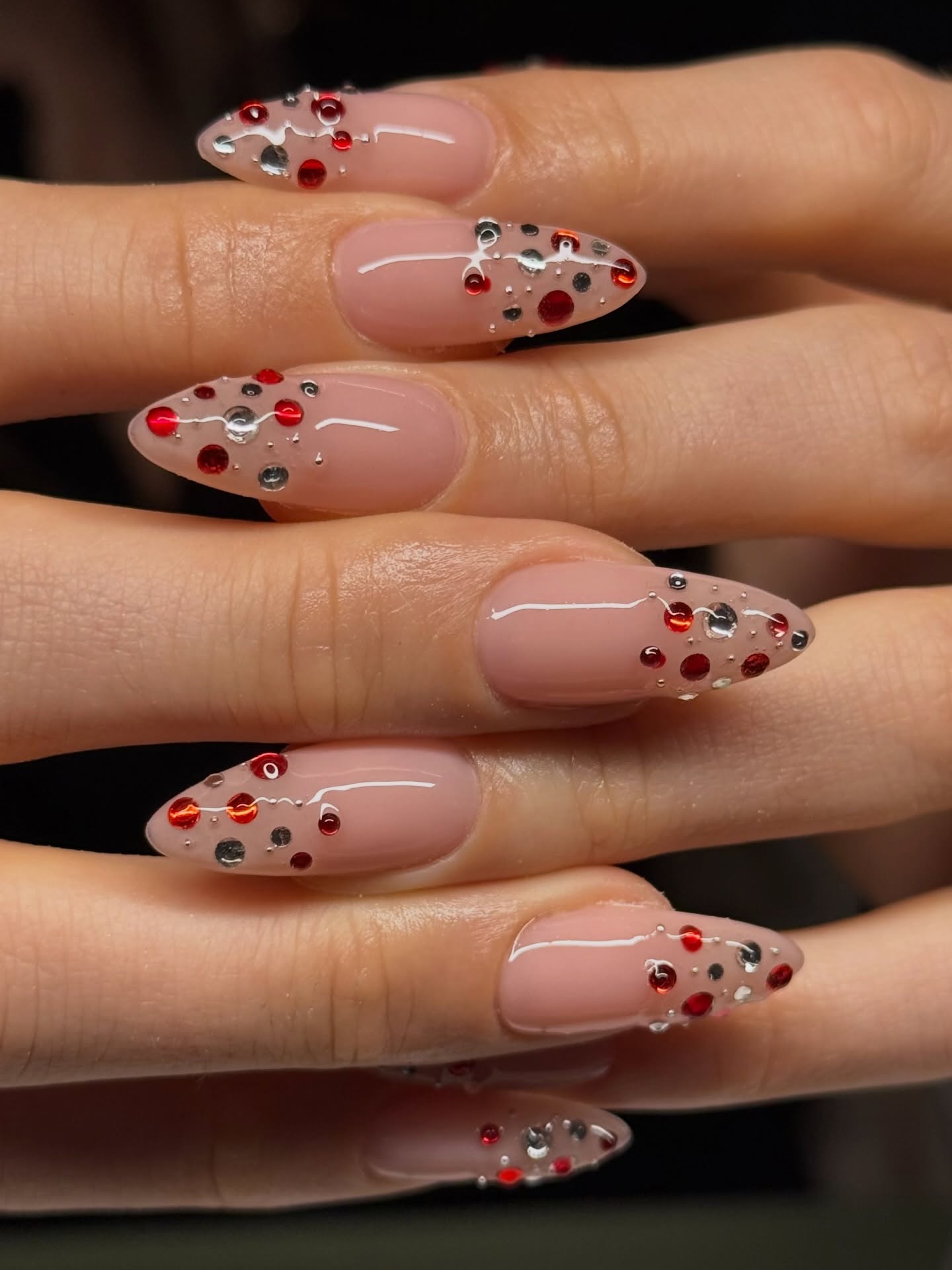 Red and Silver Gem Almond French Tips