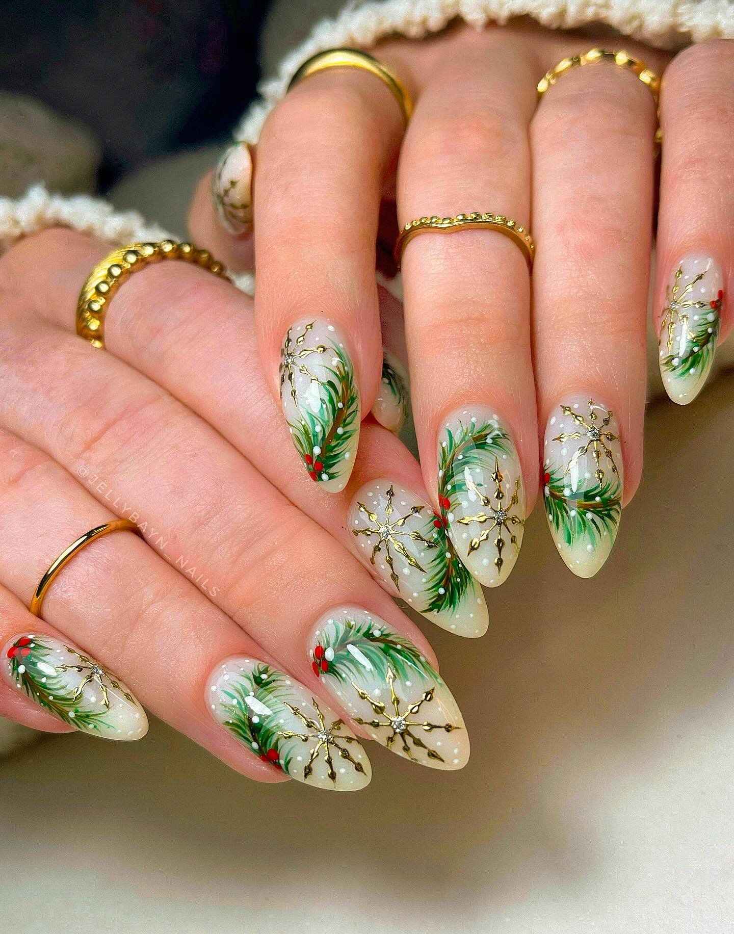 Winter Pine and Snowflake Almond Nails