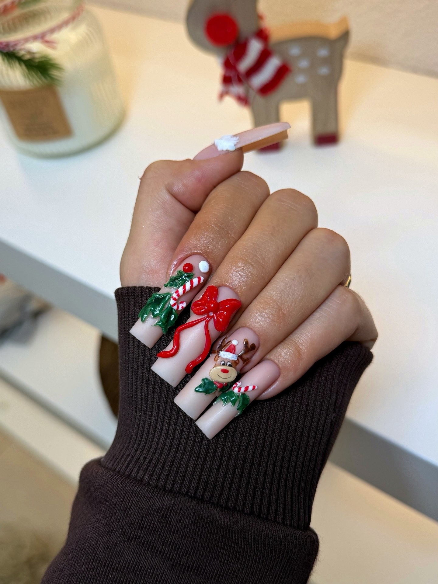 3D Christmas Character Rhinestone Almond Nails