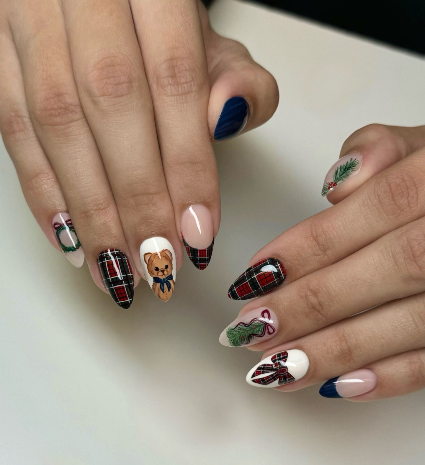 Cozy Plaid Teddy Bear Christmas Almond Nails