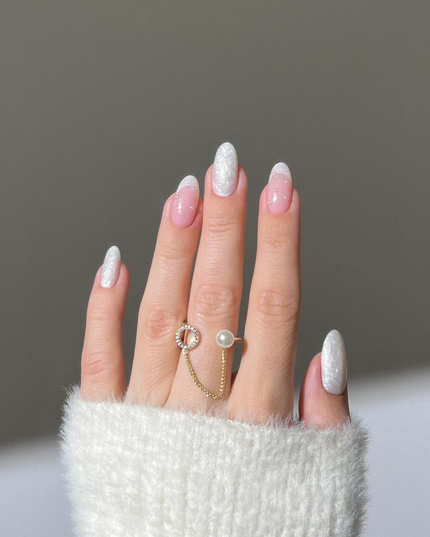 Ivory Lace French Almond Nails with Pearls