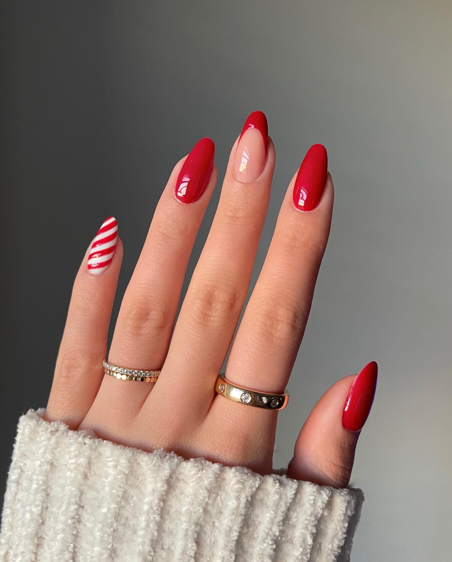 Candy Cane French & Classic Red Almond Nails