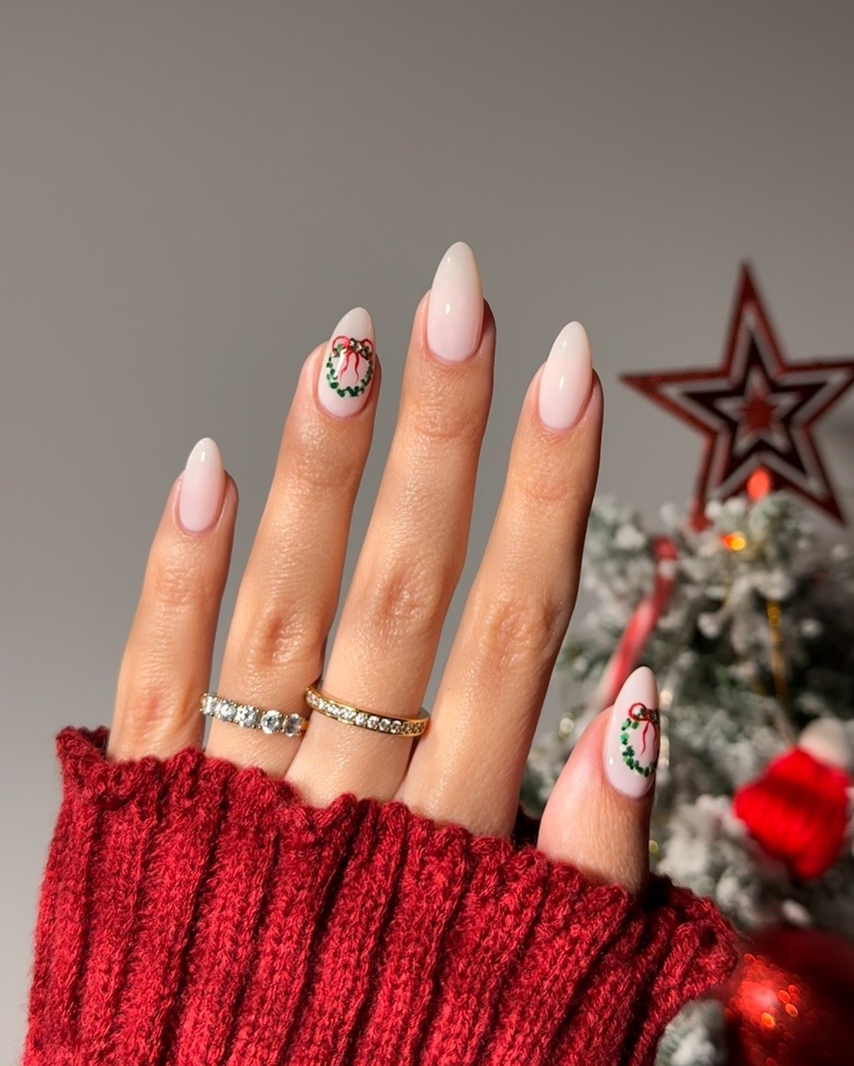 Milky Almond Christmas Wreath Nails