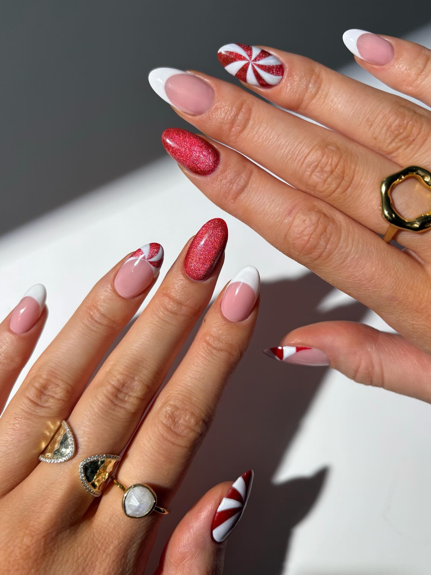 Candy Cane Glitter French Almond Nails