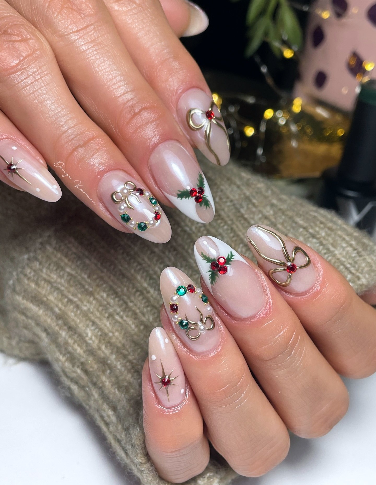 Elegant Nude Almond Christmas Wreath Nails