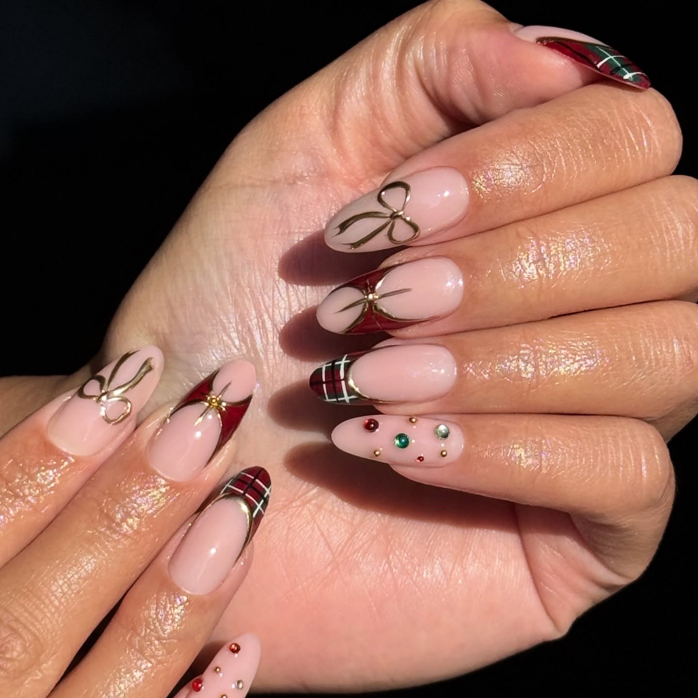 Festive Plaid Almond Christmas Nails With Bows