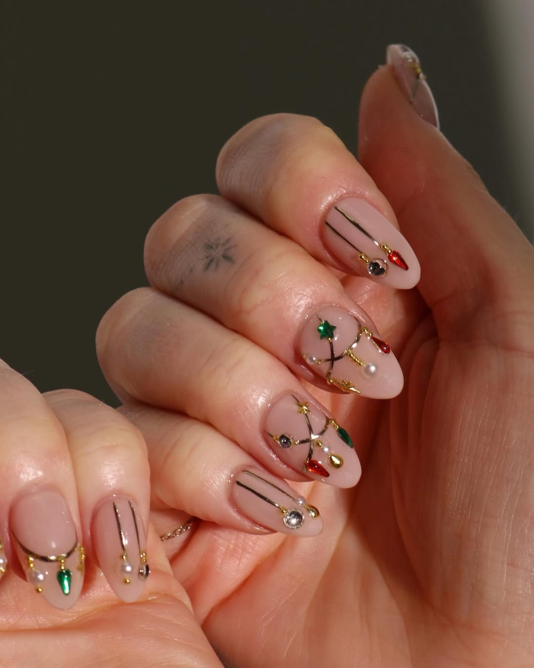Sparkling Christmas Ornaments Almond Nails