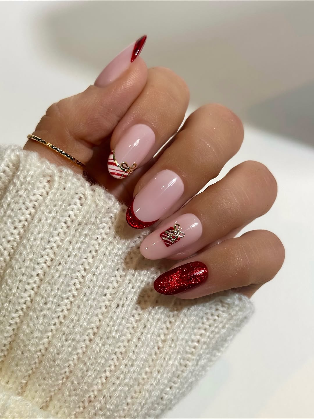Festive Red & Pink Almond Christmas Nails