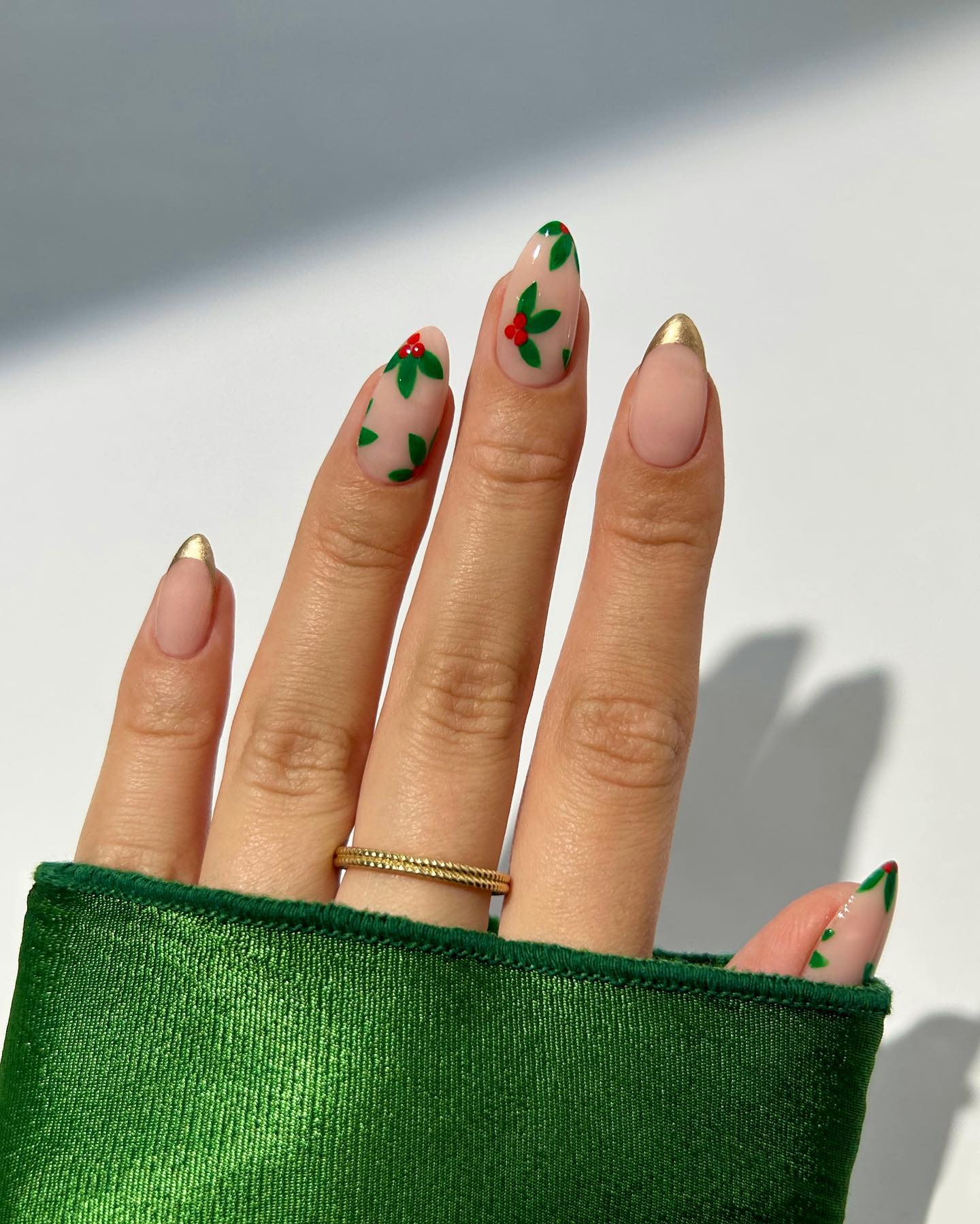 Holly Berry Almond French Tip Nails