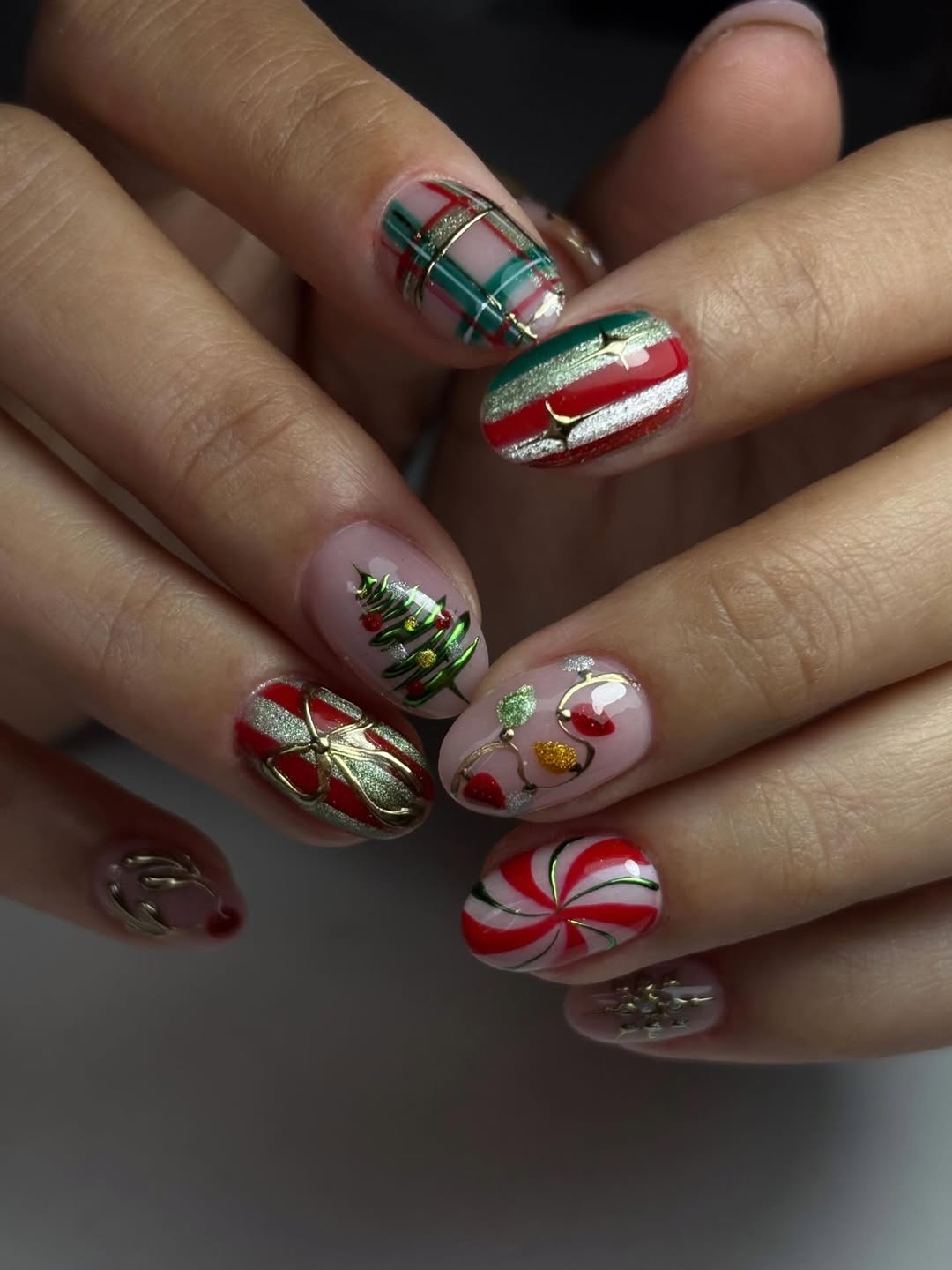 Festive Christmas Plaid and Candy Cane Almond Nails