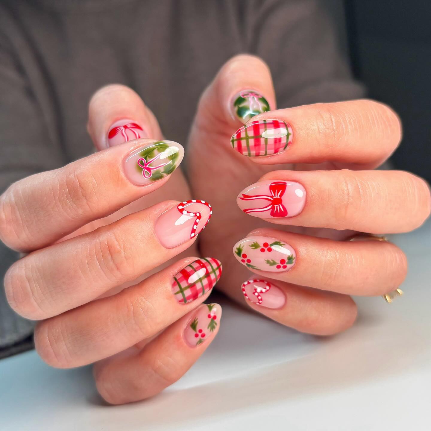 Festive Christmas Plaid and Holly Almond Nails