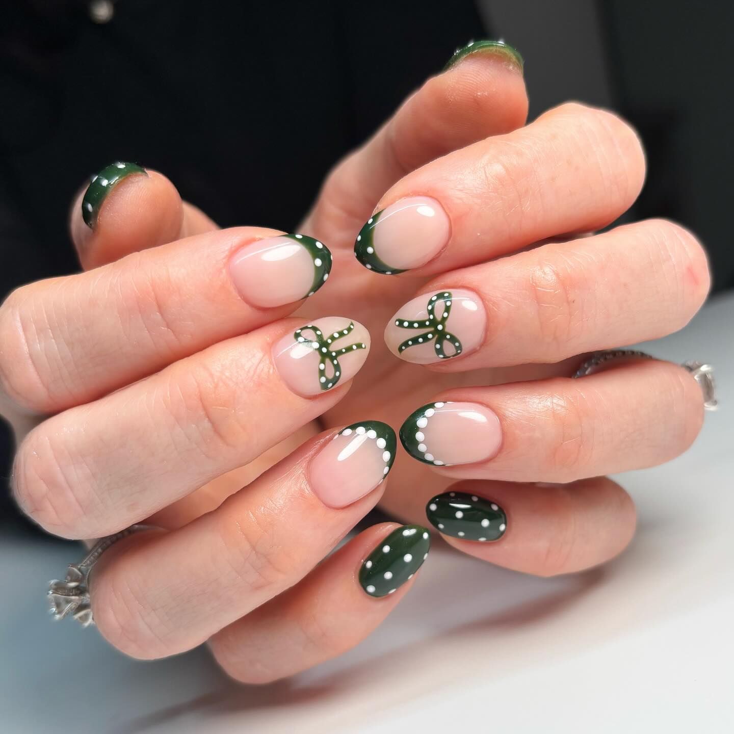 Deep Emerald Polka Dot French Bow Nails
