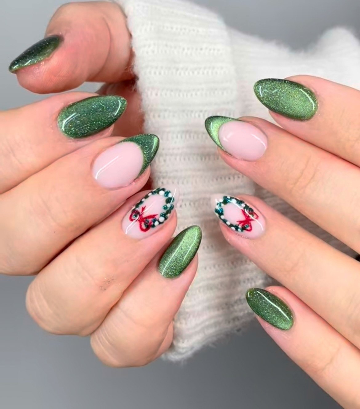 Festive Green Glitter Almond French with Wreath Art