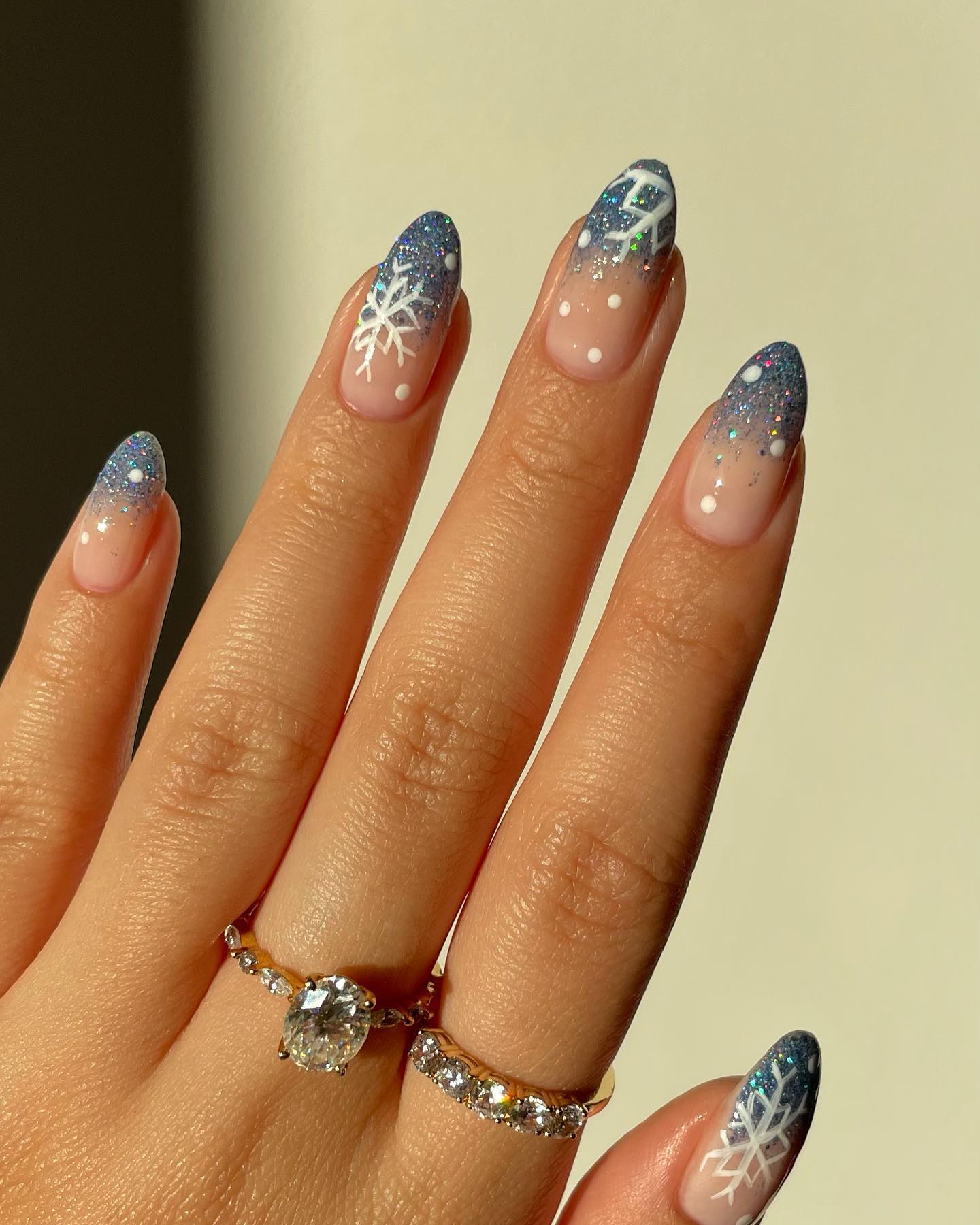 Sparkling Snowflake Gradient Almond Nails