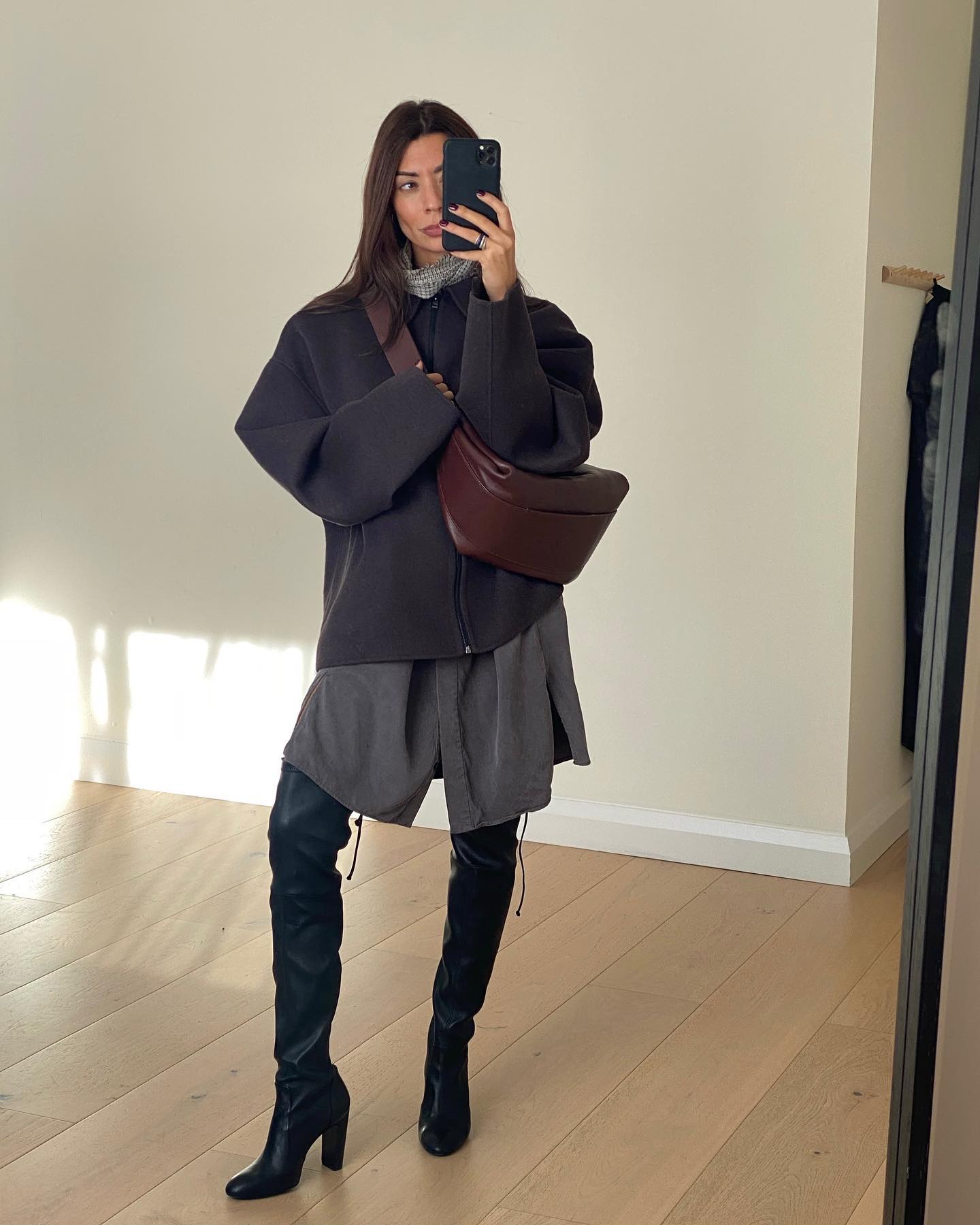 Oversized Charcoal Jacket And Black Knee High Boots