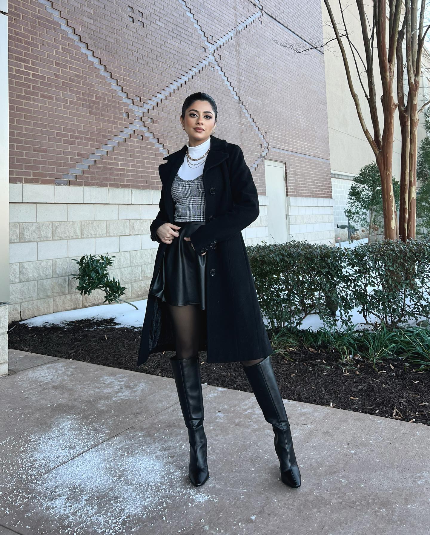 Layered Houndstooth And Black Knee High Boots Look