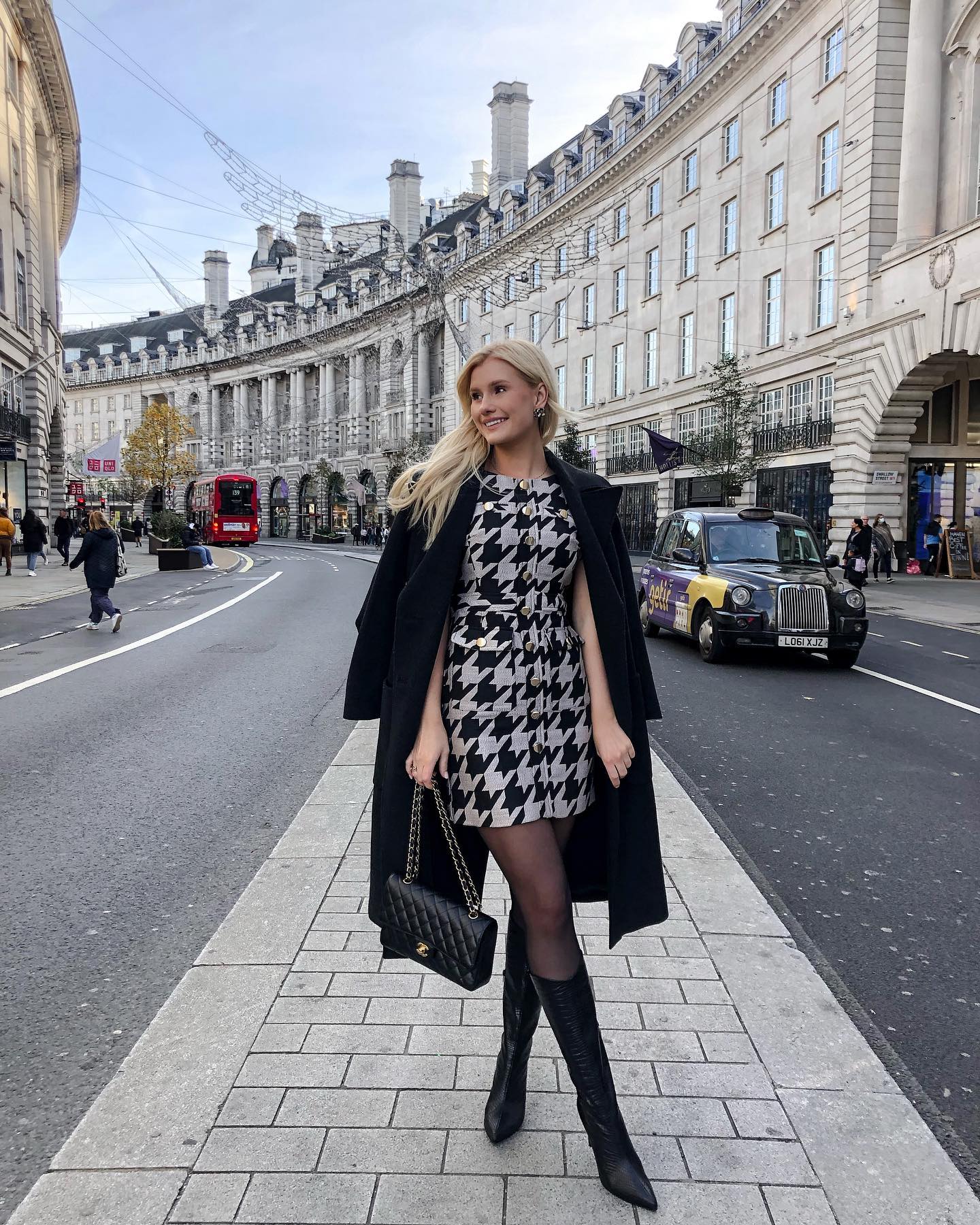 Black And White Houndstooth Dress With Knee High Boots