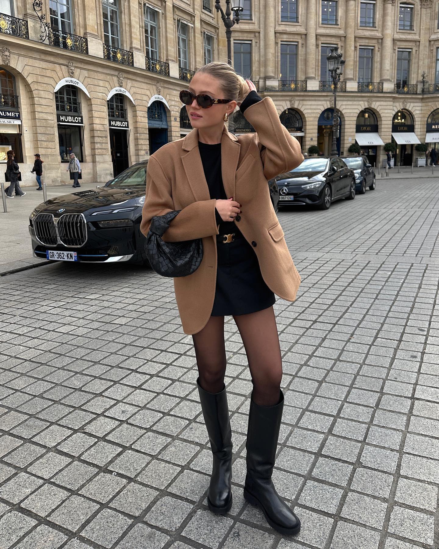 Camel Blazer With Black Knee High Boots And Mini Skirt