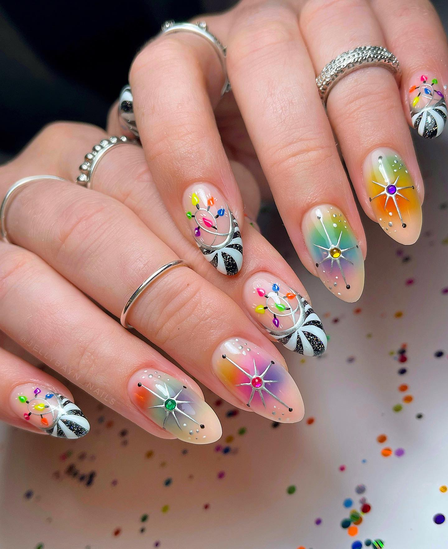 Festive Christmas Lights Ombre Almond Nails