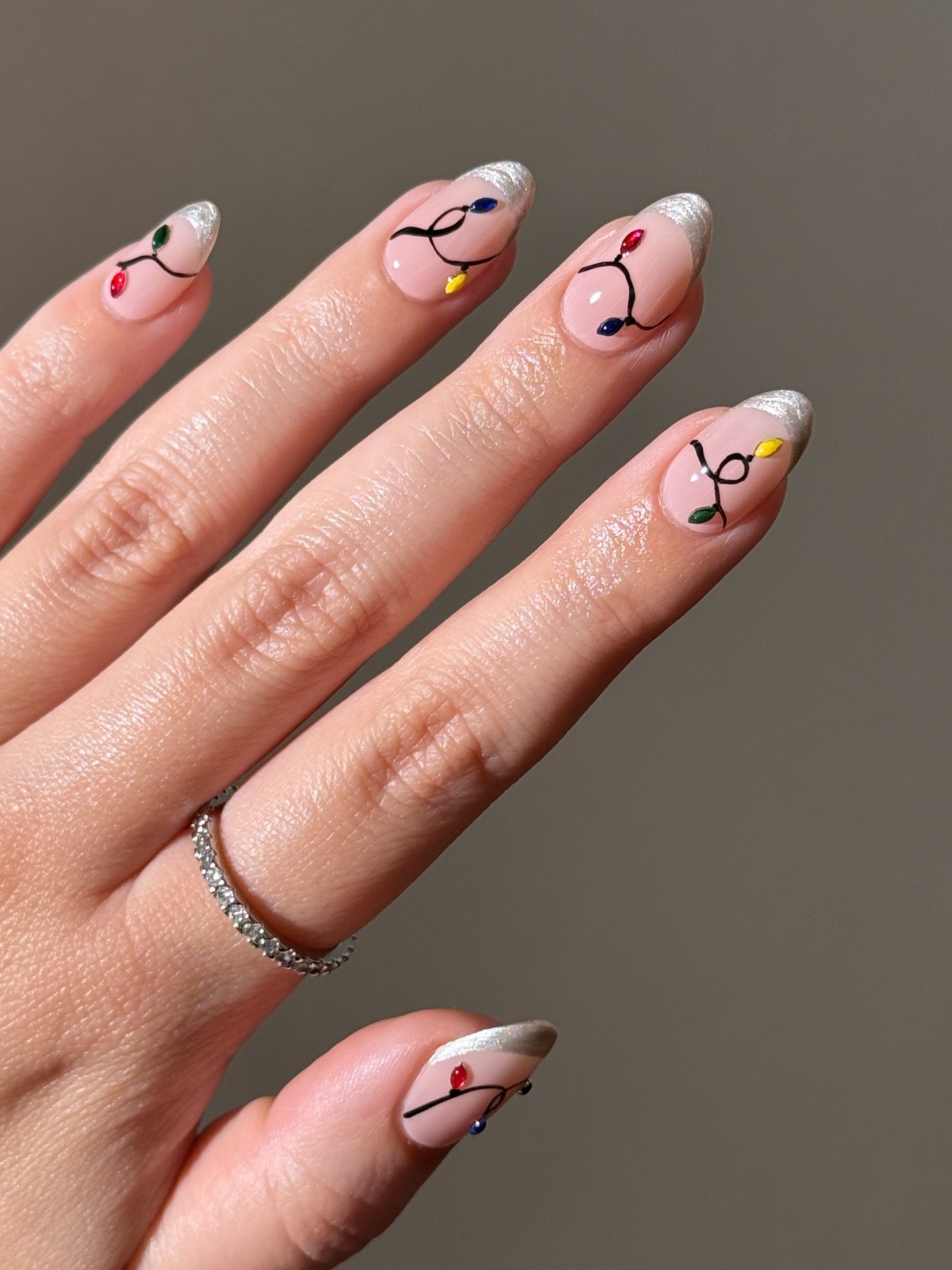Festive Christmas Lights French Tip Almond Nails