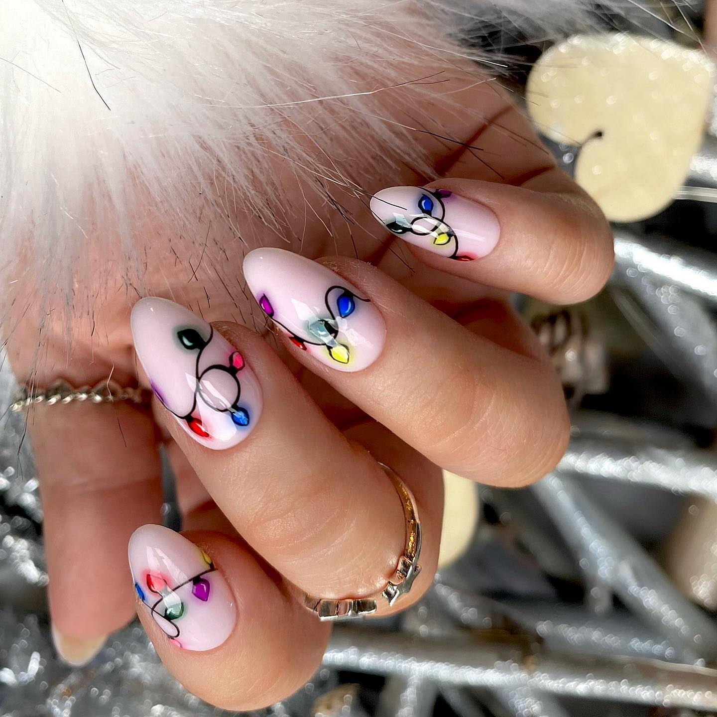 Festive Christmas Lights Almond Nail Art