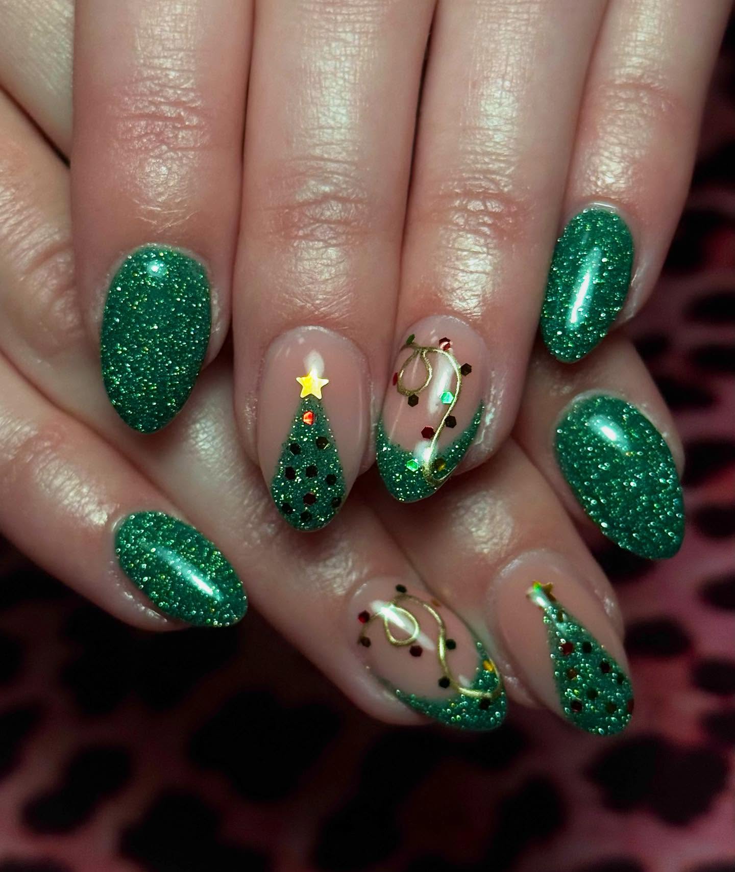 Festive Green Glitter Christmas Light Nail Art