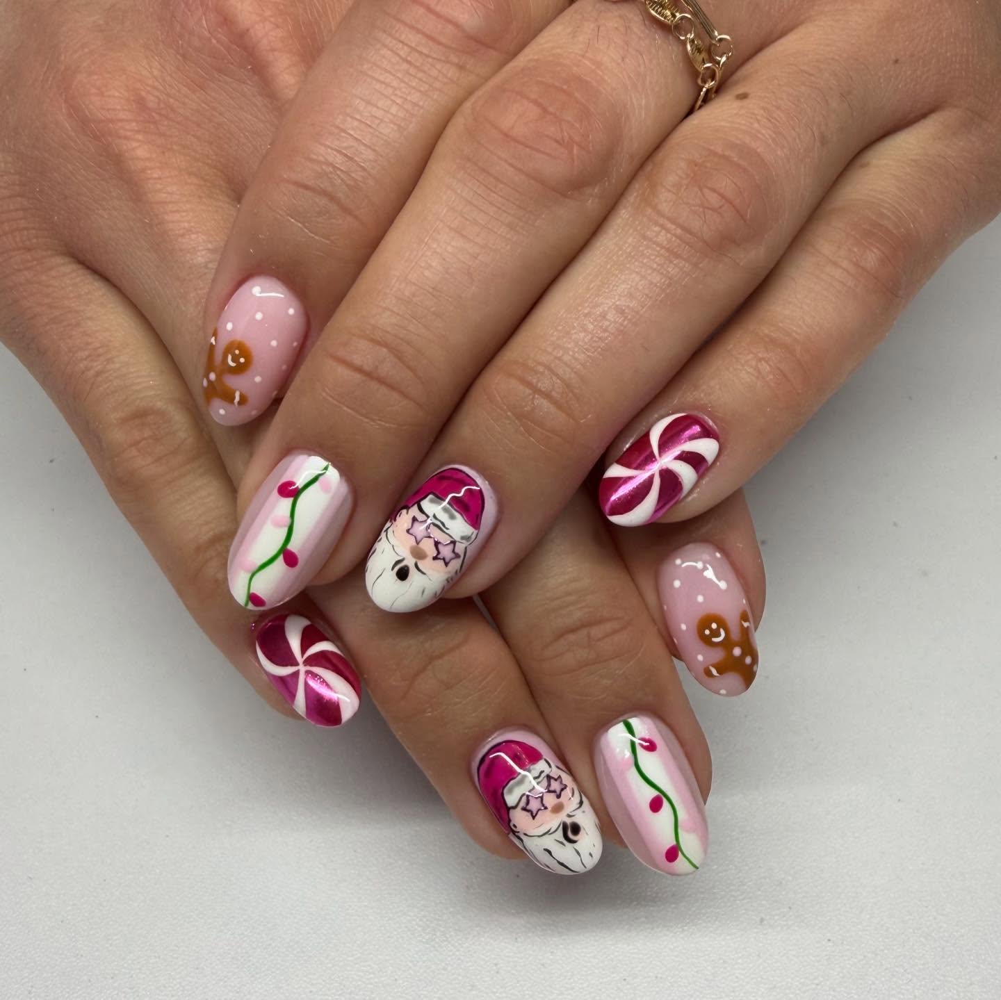 Festive Pink Holiday Lights Nail Art