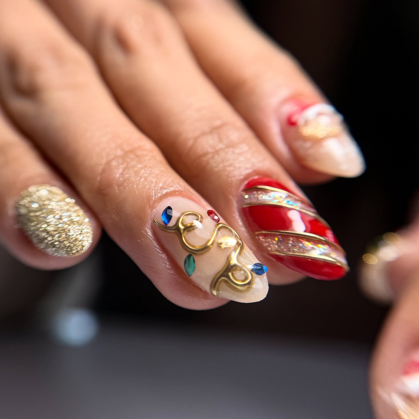 Festive Holiday Lights Almond Nail Art