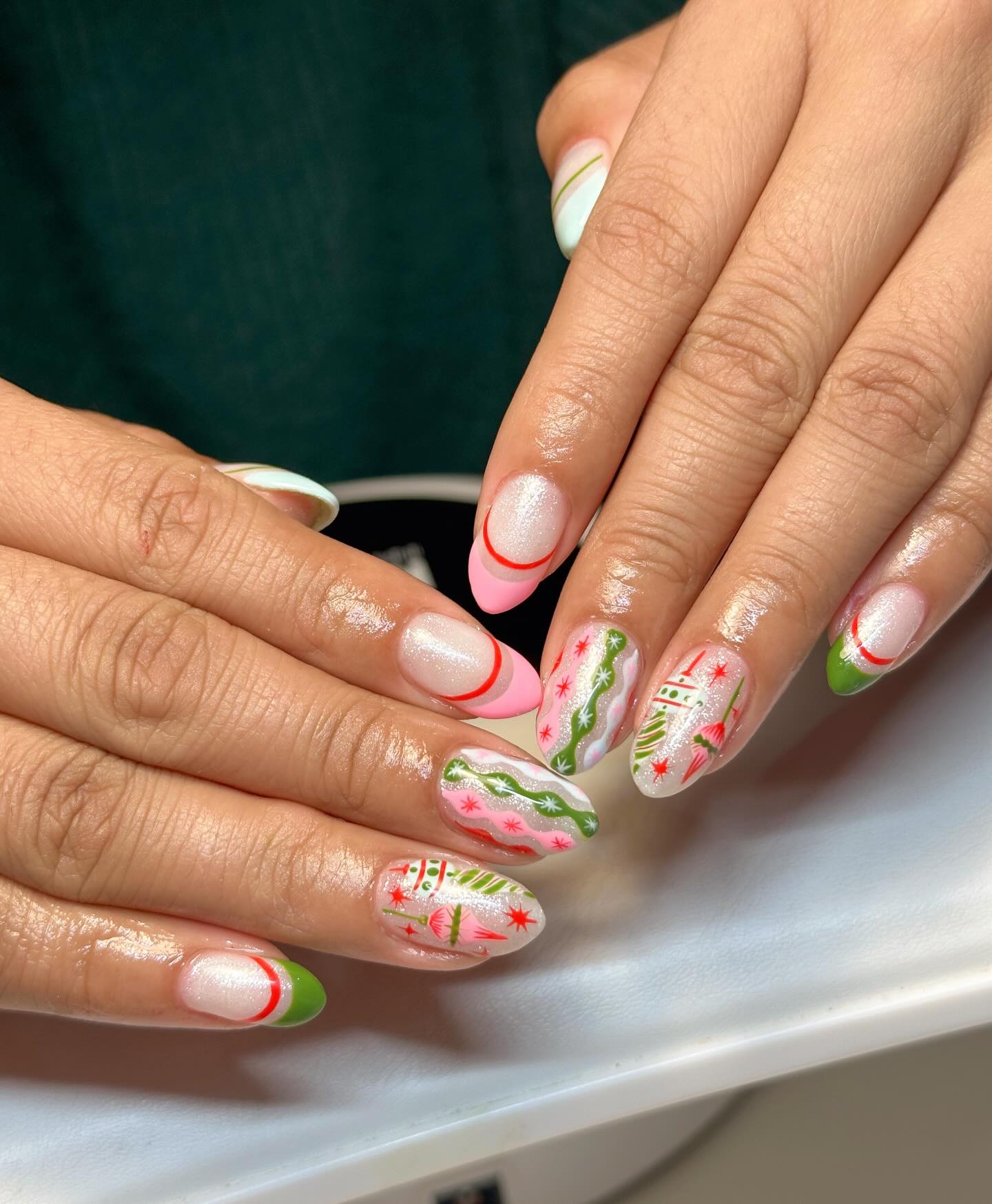 Festive Shimmer French Tips With Christmas Lights Nail Art