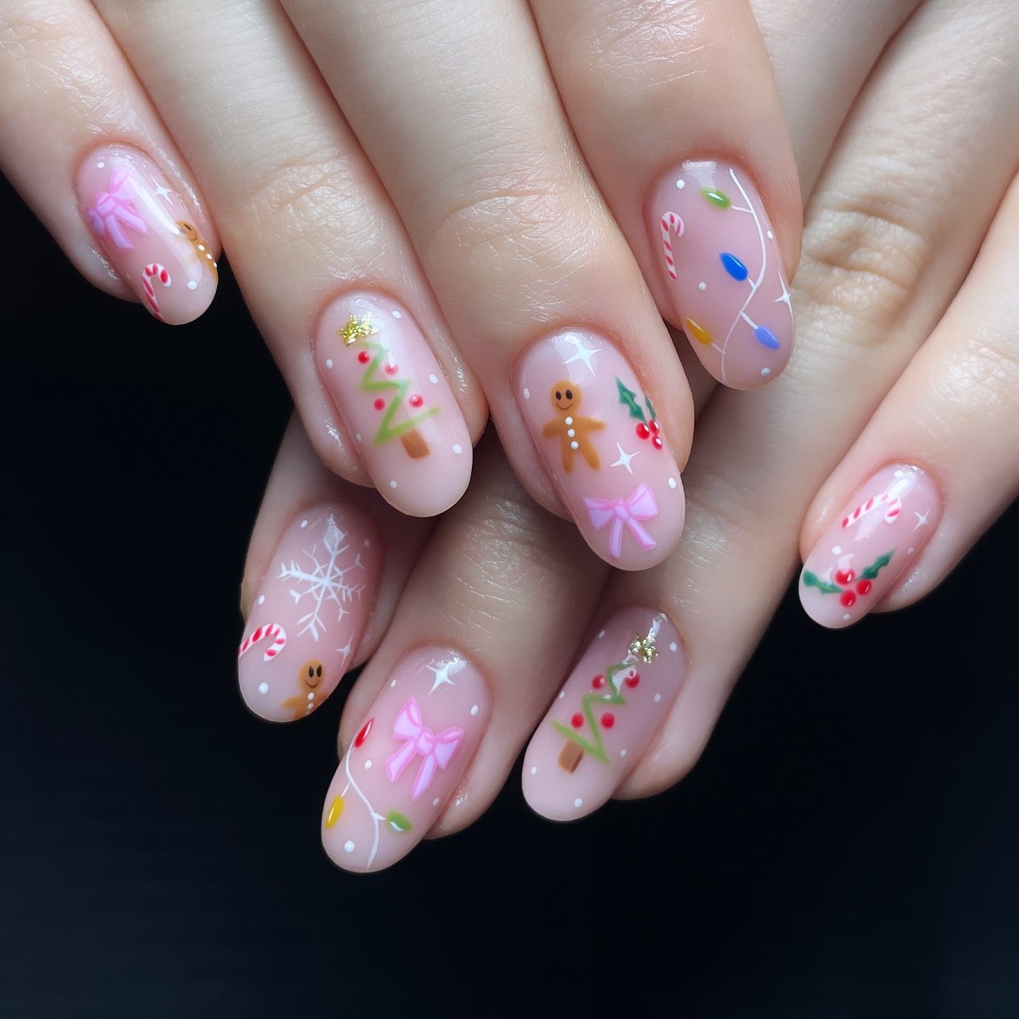 Festive Christmas Lights And Gingerbread Almond Nails
